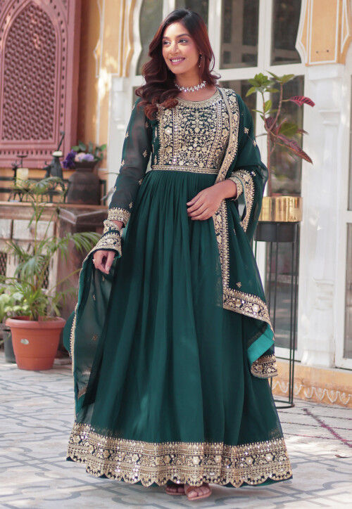 Embroidered Georgette Abaya Style Suit in Teal Green