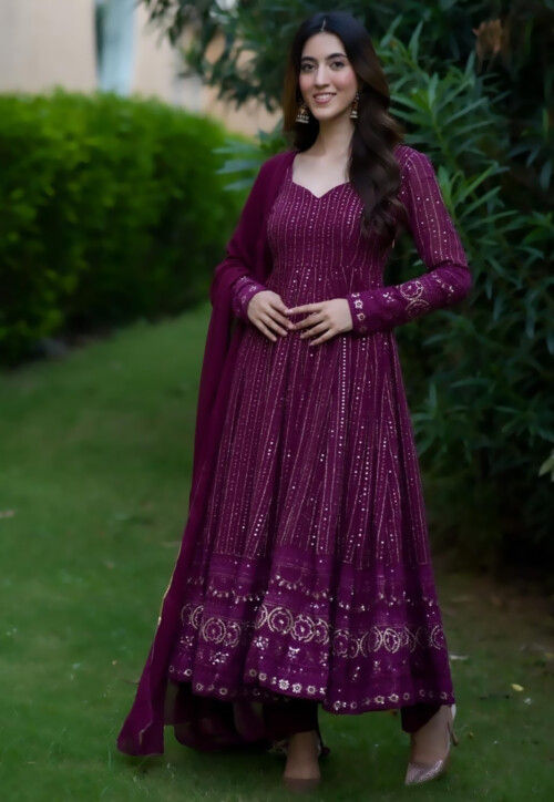 Embroidered Georgette Abaya Style Suit in Violet