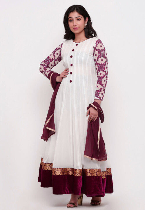 Embroidered Georgette Abaya Style Suit in White