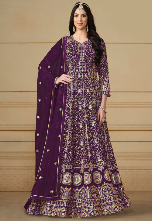 Embroidered Georgette Abaya Style Suit in Wine