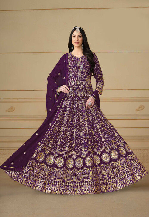 Embroidered Georgette Abaya Style Suit in Wine
