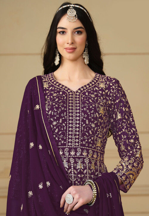Embroidered Georgette Abaya Style Suit in Wine