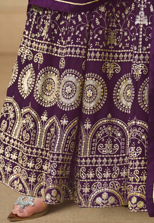 Embroidered Georgette Abaya Style Suit in Wine