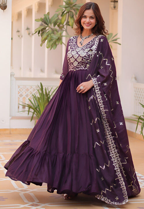 Embroidered Georgette Abaya Style Suit in Wine