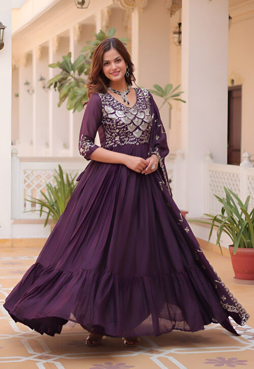 Embroidered Georgette Abaya Style Suit in Wine