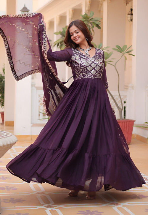 Embroidered Georgette Abaya Style Suit in Wine