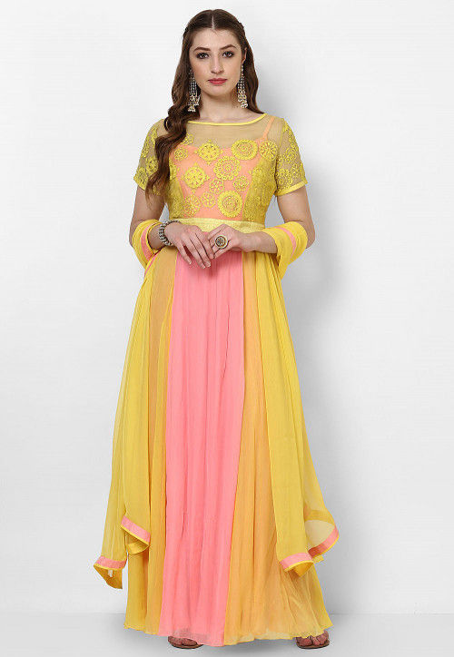 Embroidered Georgette Abaya Style Suit in Yellow and Baby Pink