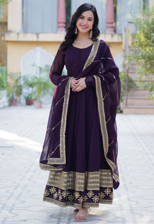 Embroidered Georgette Abaya Style Suit in Yellow
