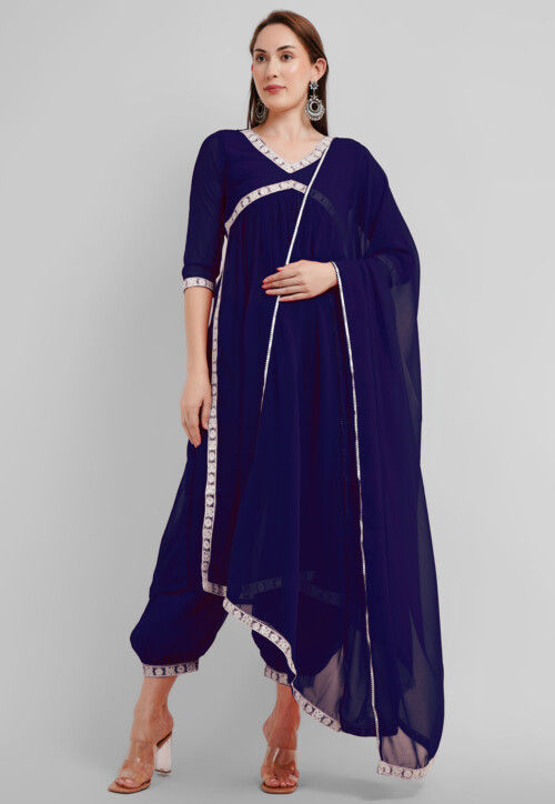 Buy Embroidered Georgette Alia Cut Punjabi Suit in Navy Blue