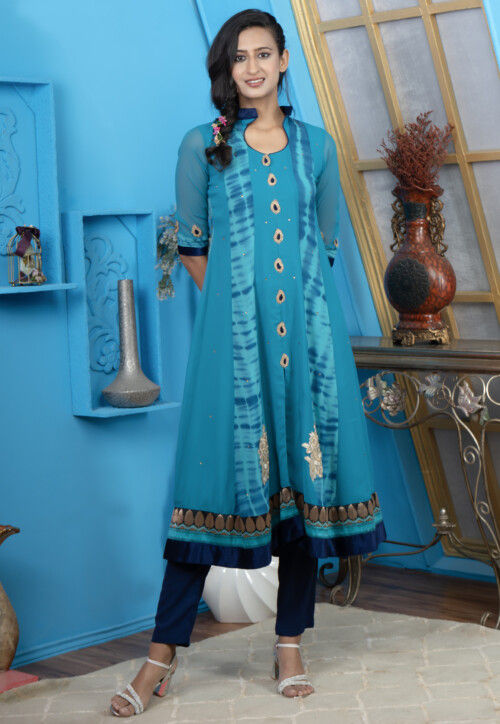 Embroidered Georgette Anarkali Kurta in Blue