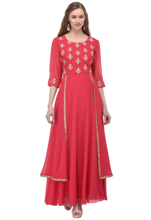 Embroidered Georgette Anarkali Kurta in Coral Red