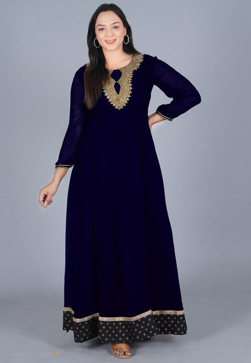 Embroidered Georgette Anarkali Kurta in Navy Blue