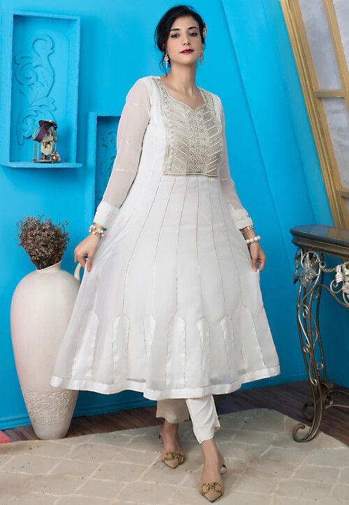 Buy Embroidered Georgette Anarkali Kurta in Off White Online