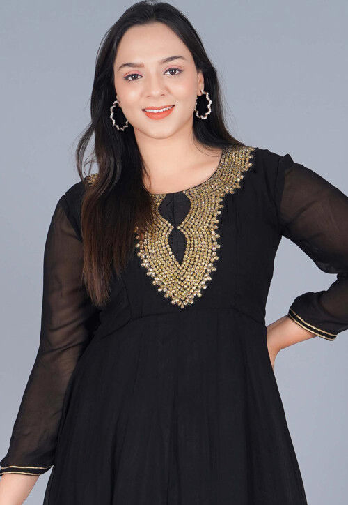 Women Yellow & Green Floral Embroidered Georgette Anarkali Kurta