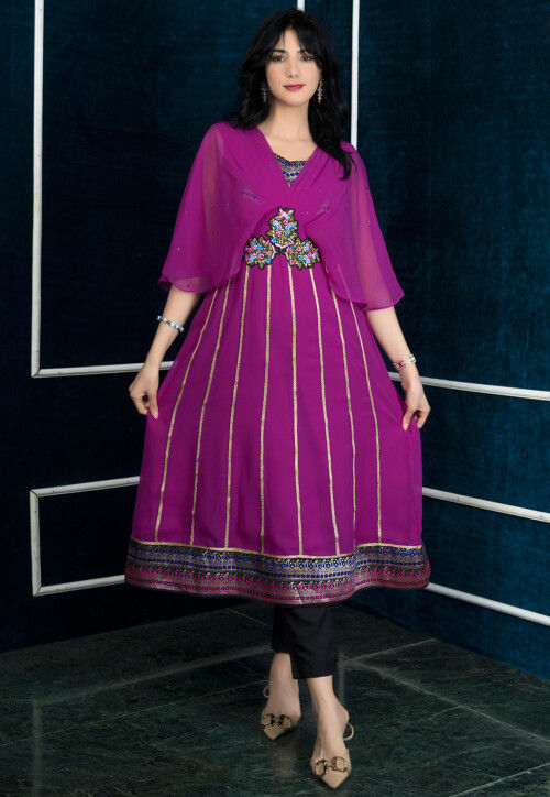 Embroidered Georgette Anarkali Kurta Set in Magenta