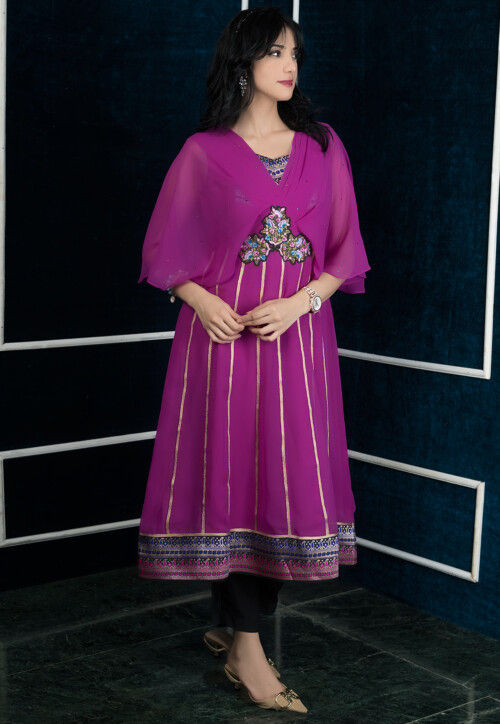 Embroidered Georgette Anarkali Kurta Set in Magenta