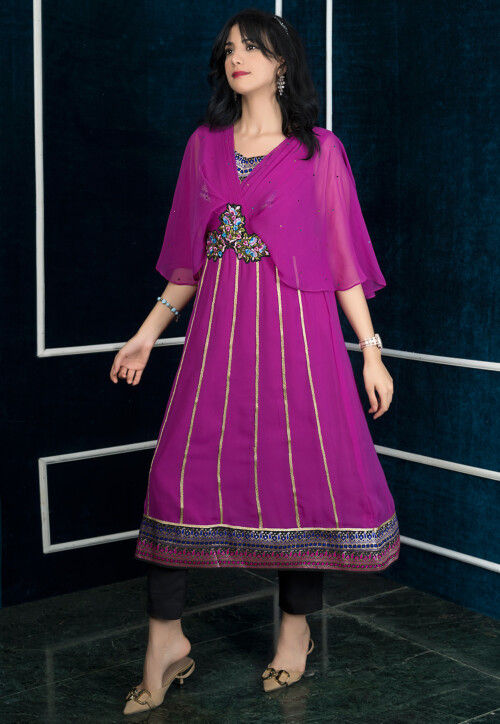 Embroidered Georgette Anarkali Kurta Set in Magenta
