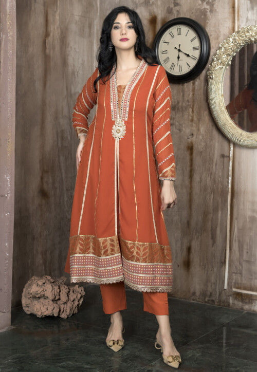 Embroidered Georgette Anarkali Kurta Set in Orange