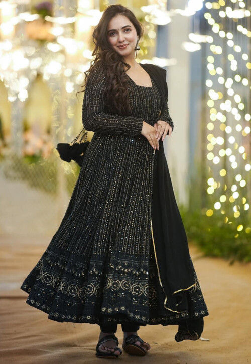 Buy Embroidered Georgette Anarkali Suit in Black Online KTU62 Utsav Fashion