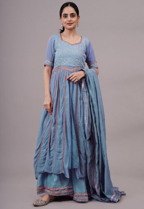 Embroidered Georgette Anarkali Suit in Blue