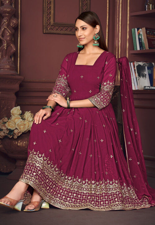 Embroidered Georgette Anarkali Suit in Dark Pink
