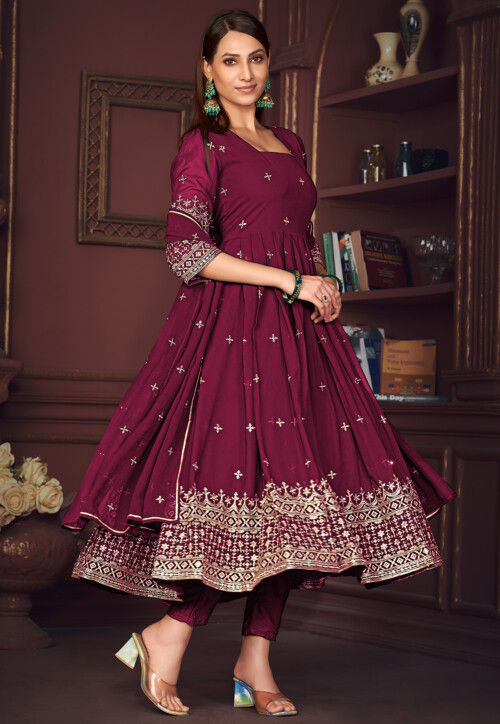 Embroidered Georgette Anarkali Suit in Dark Pink