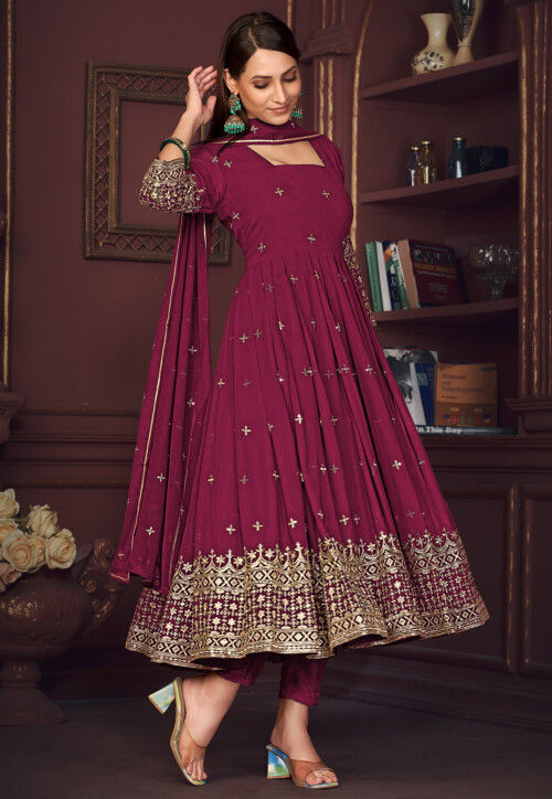Embroidered Georgette Anarkali Suit in Dark Pink