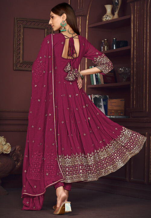 Embroidered Georgette Anarkali Suit in Dark Pink