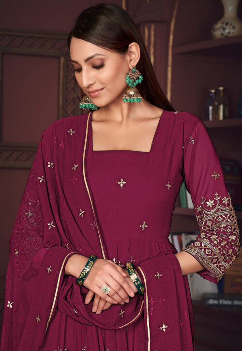 Embroidered Georgette Anarkali Suit in Dark Pink