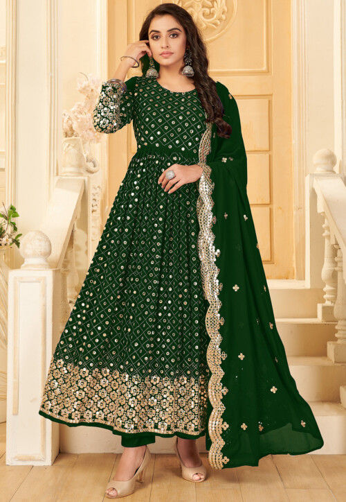 Buy Bottle Green Anarkali Suit With Balloon Sleeves And Hand Embroidered  Buttis Using Multi Colored Sequins And Beads KALKI Fashion India