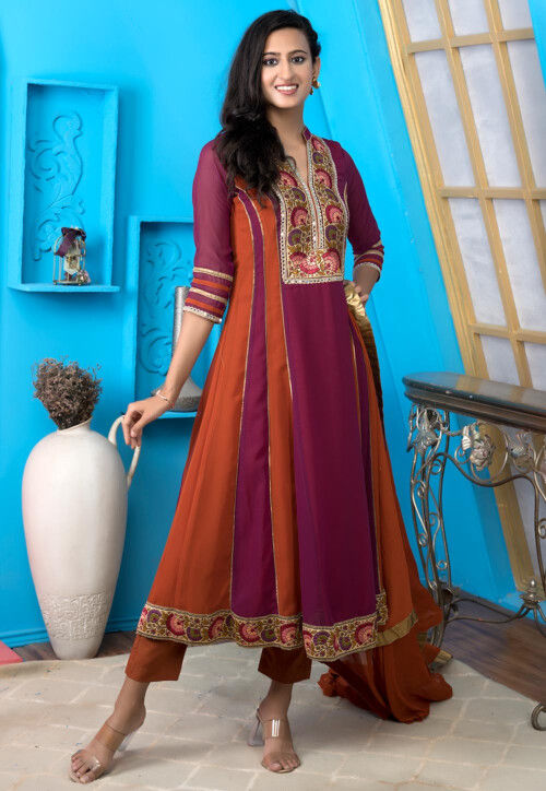 Embroidered Georgette Anarkali Suit in Magenta and Rust