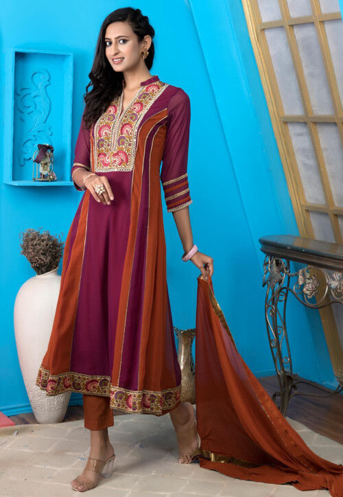 Embroidered Georgette Anarkali Suit in Magenta and Rust