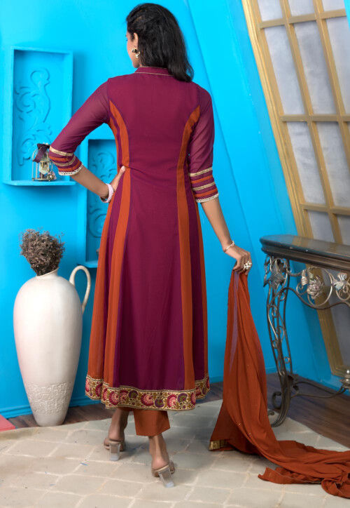Embroidered Georgette Anarkali Suit in Magenta and Rust