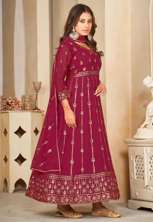 Embroidered Georgette Anarkali Suit in Magenta