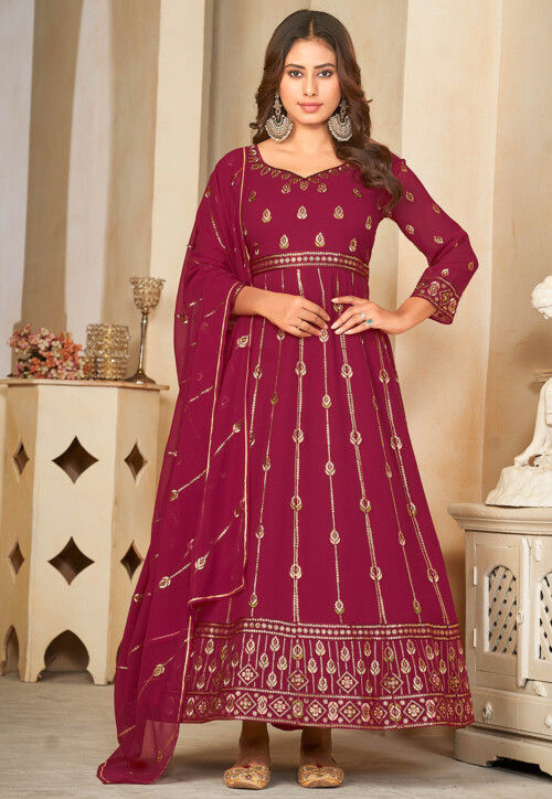Embroidered Georgette Anarkali Suit in Magenta