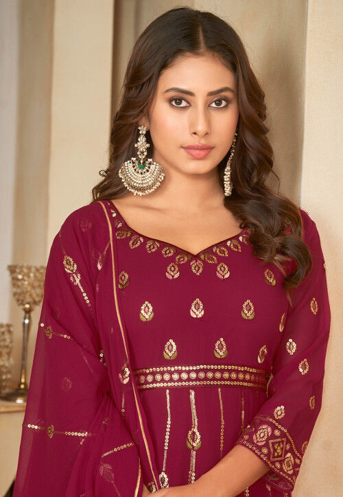 Embroidered Georgette Anarkali Suit in Magenta