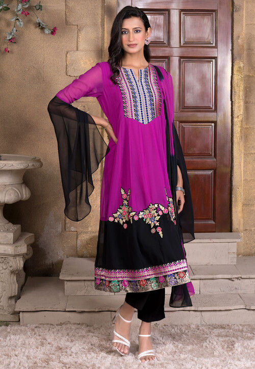 Embroidered Georgette Anarkali Suit in Magenta