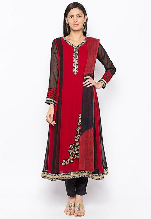 Embroidered Georgette Anarkali Suit in Maroon and Black