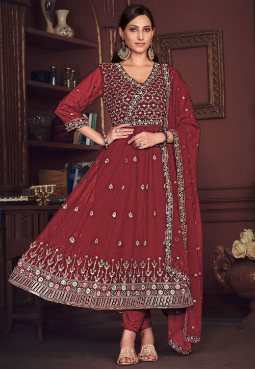 Embroidered Georgette Anarkali Suit in Maroon