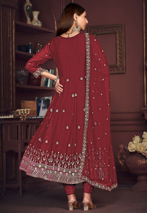 Embroidered Georgette Anarkali Suit in Maroon
