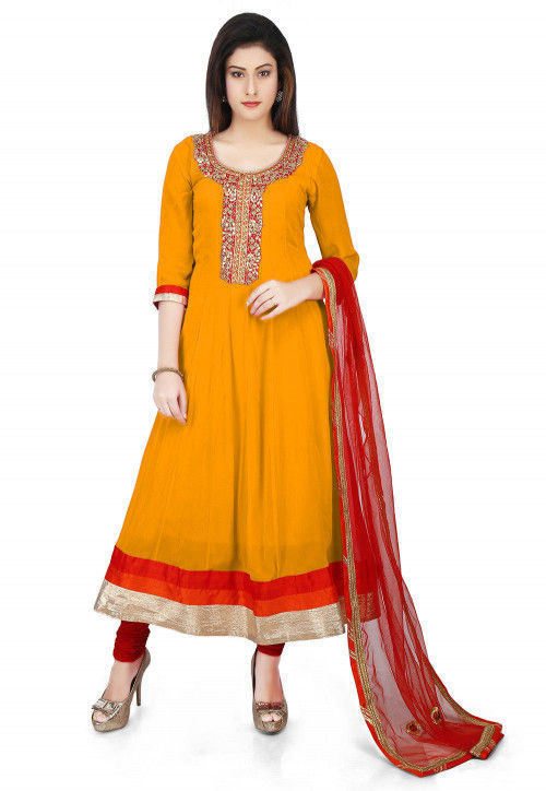 Embroidered Georgette Anarkali Suit in Mustard