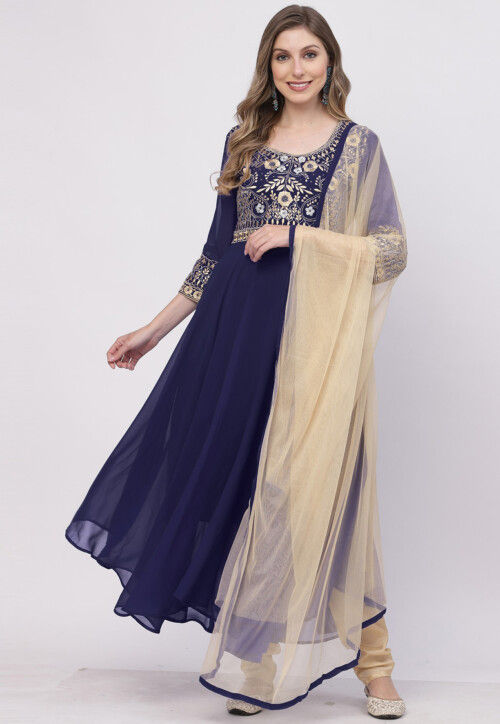 Buy Embroidered Georgette Anarkali Suit in Navy Blue Online : KVE392 ...