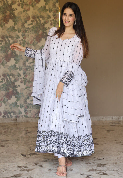 Embroidered Georgette Anarkali Suit in Off White