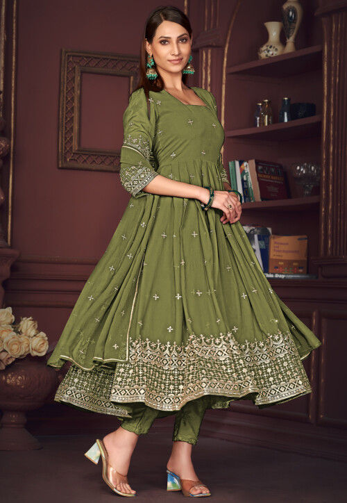 Women Olive Embroidered Gota Sleeveless Anarkali Dress