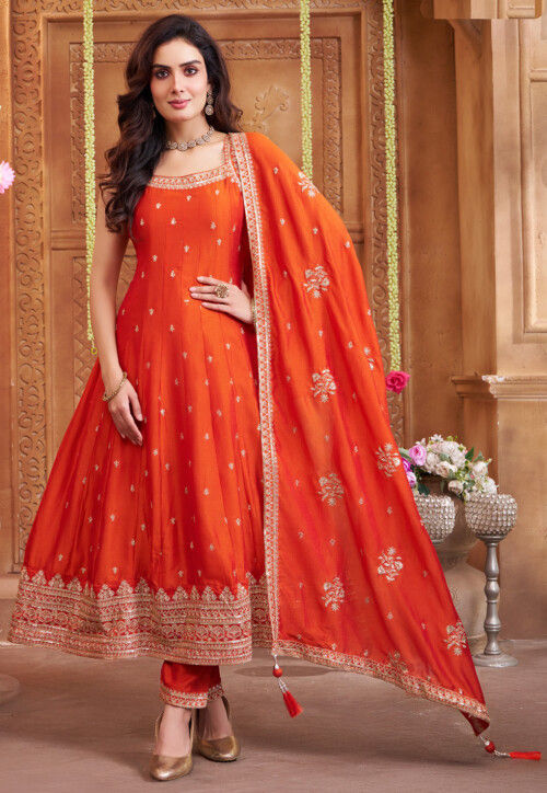 Embroidered Georgette Anarkali Suit in Orange