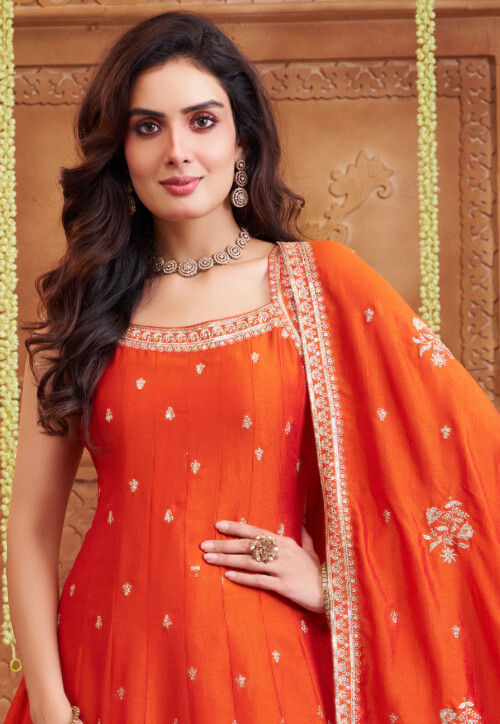 Embroidered Georgette Anarkali Suit in Orange