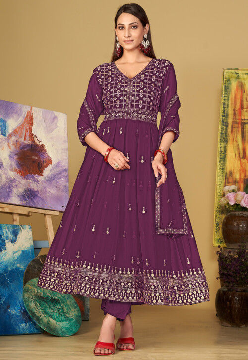 Embroidered Georgette Anarkali Suit in Purple