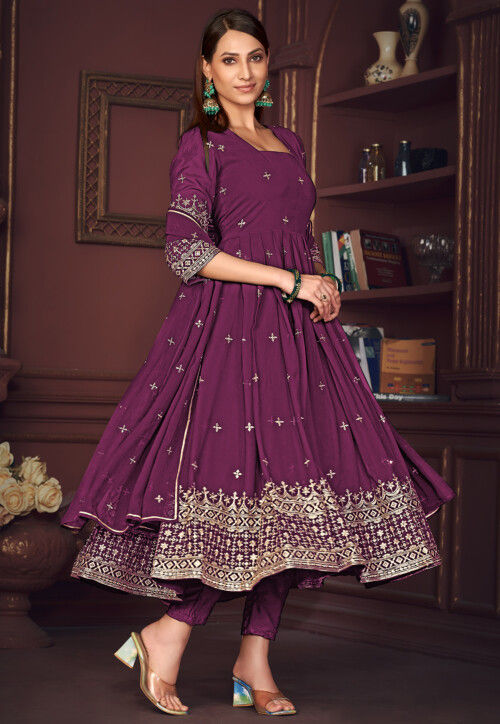 Embroidered Georgette Anarkali Suit in Purple