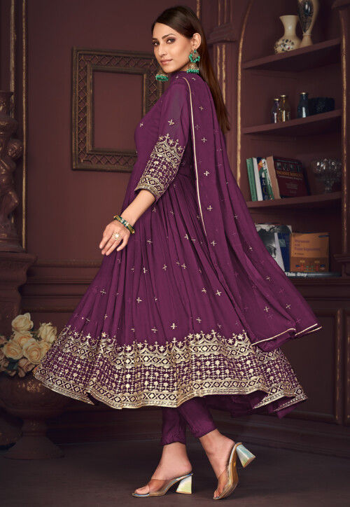 Embroidered Georgette Anarkali Suit in Purple