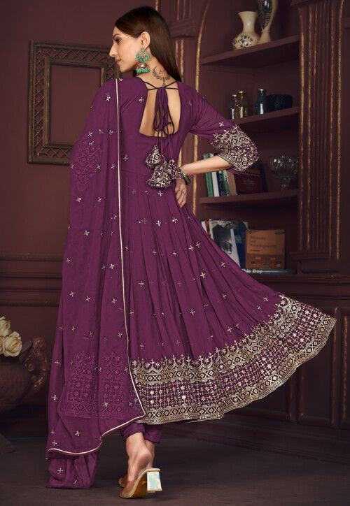 Embroidered Georgette Anarkali Suit in Purple